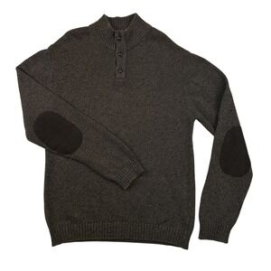 Chaps Sweater Mens XL‎ Brown Henley Knit Pullover Suede Elbow Patches Casual